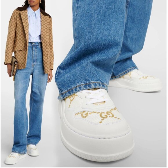 GUCCI SNEAKERS CHUNKY WHITE LEATHER GG LOGO GOLD LAME SHOES sz 36 6 - Picture 2 of 15